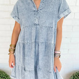 Button Front Tiered Denim Mini Dress