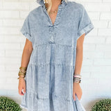 Button Front Tiered Denim Mini Dress