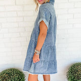 Button Front Tiered Denim Mini Dress