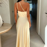 One Shoulder Satin Split Maxi Dress