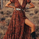 Printed V-Neck High Slit Maxi Dress