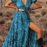 Printed V-Neck High Slit Maxi Dress