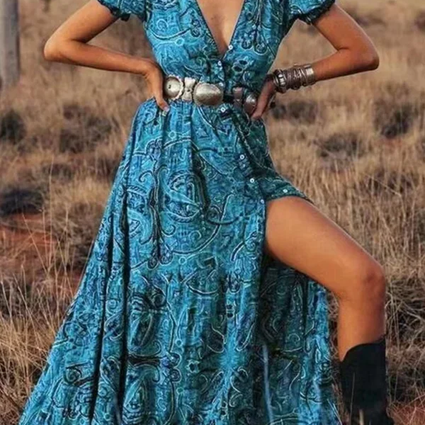 Printed V-Neck High Slit Maxi Dress