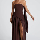 Strapless Colour Block High Slit Maxi Dress