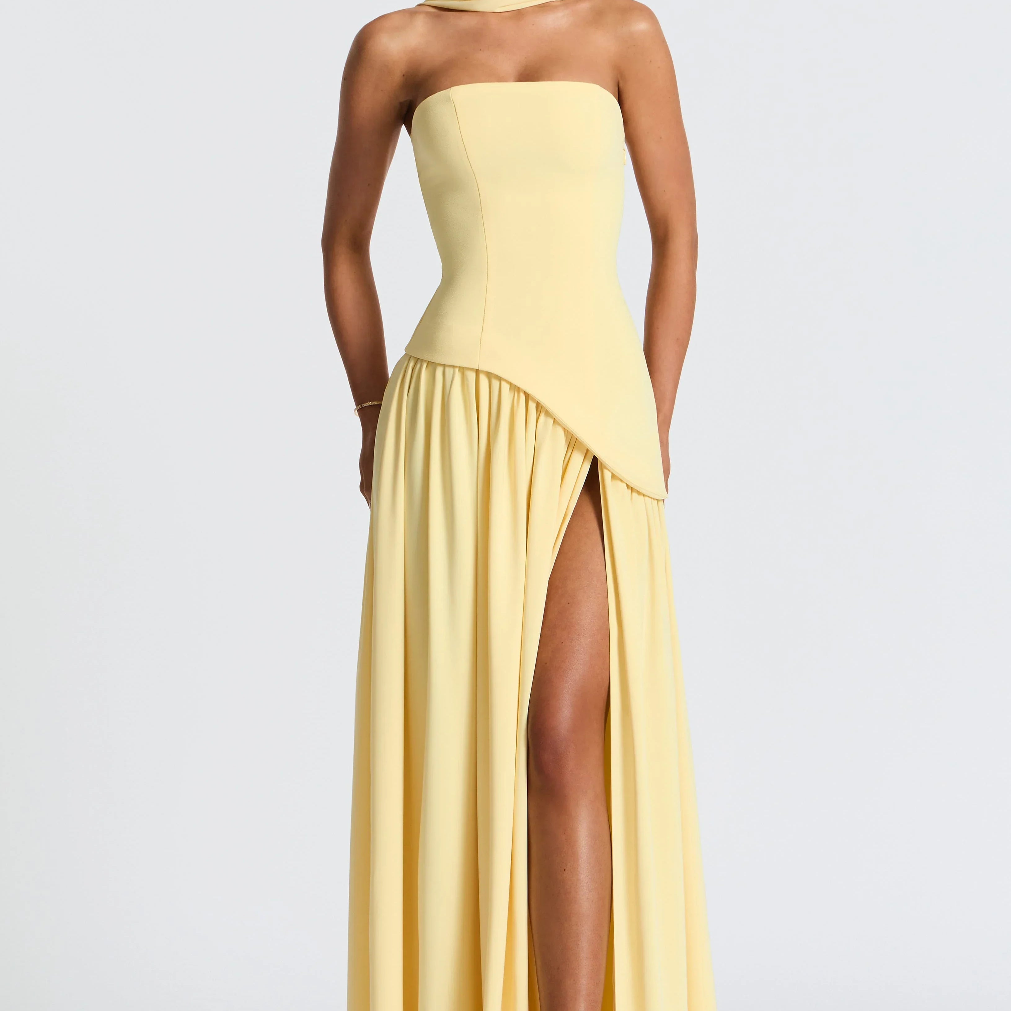 Strapless Colour Block High Slit Maxi Dress