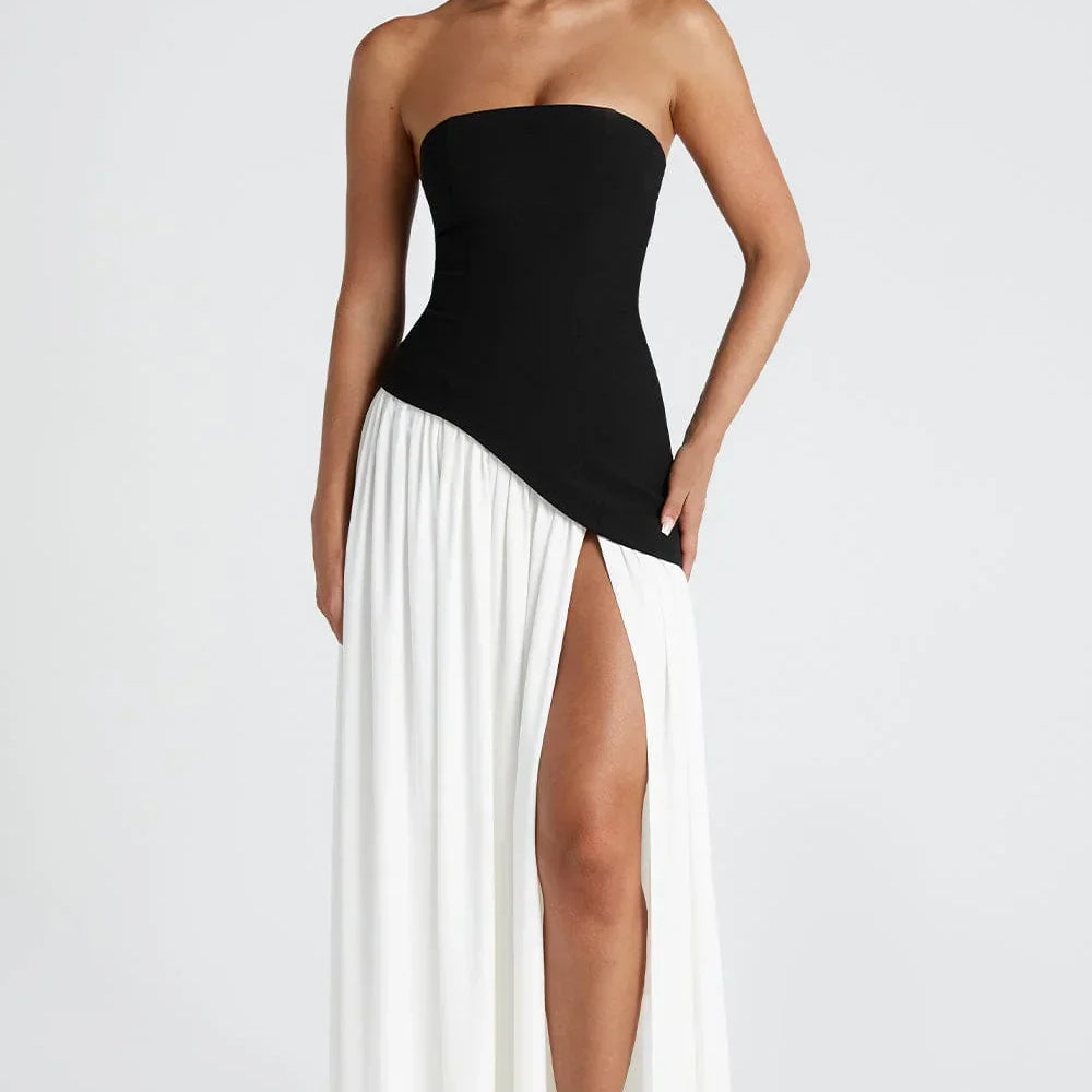 Strapless Colour Block High Slit Maxi Dress