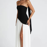 Strapless Colour Block High Slit Maxi Dress