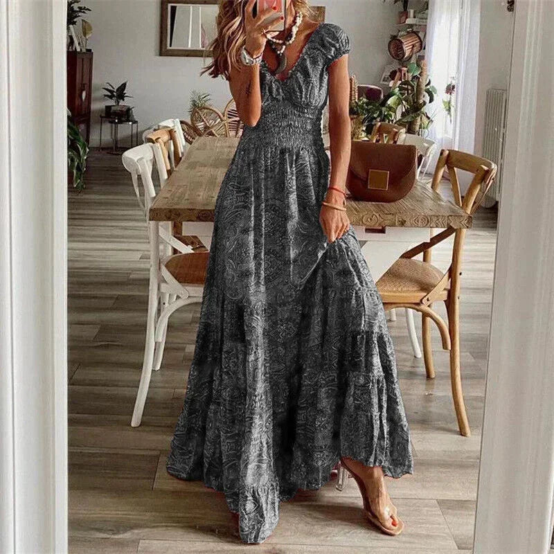 Printed V-Neck Tiered Maxi Dress