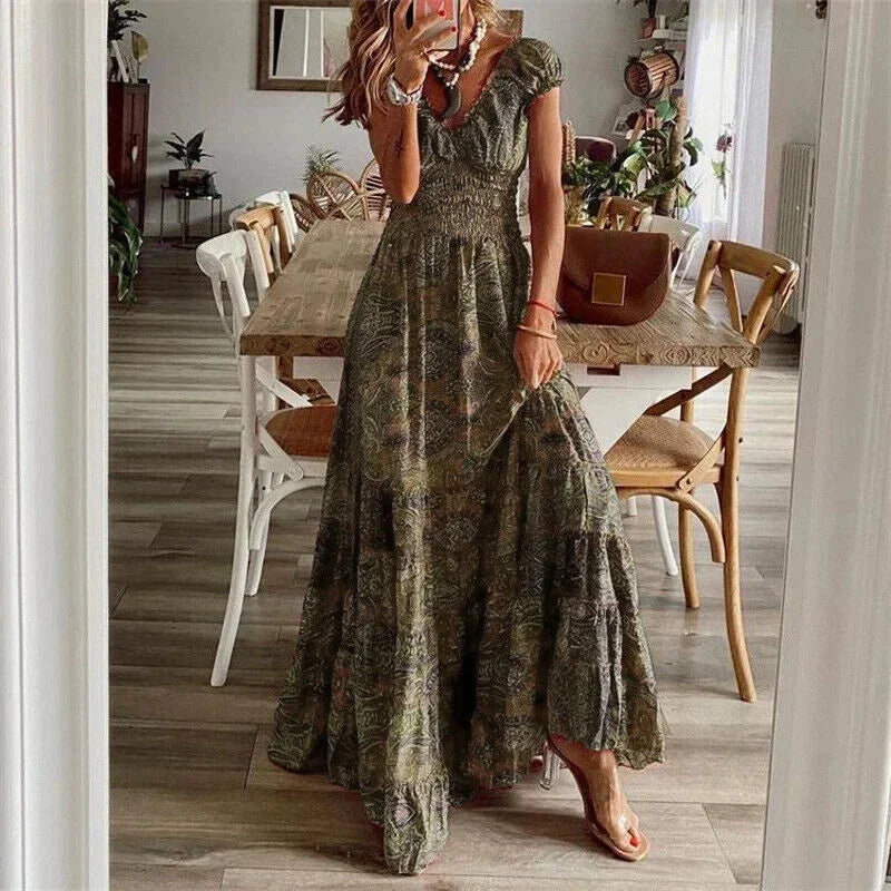 Printed V-Neck Tiered Maxi Dress
