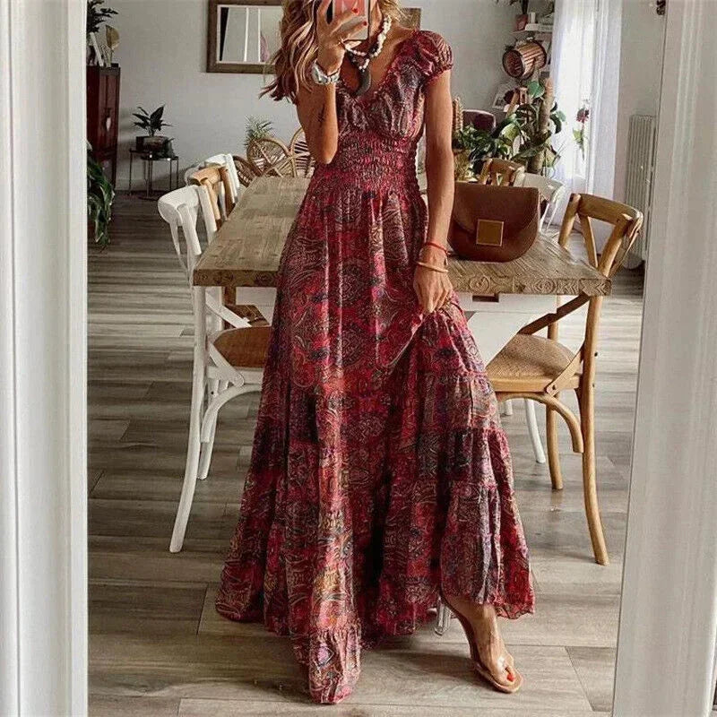 Printed V-Neck Tiered Maxi Dress