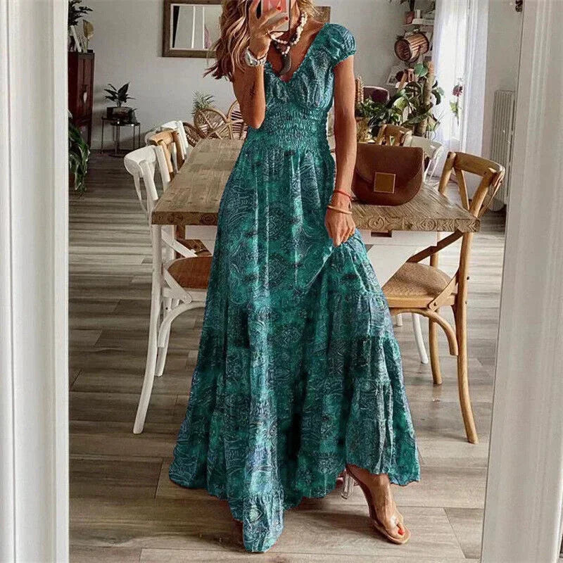 Printed V-Neck Tiered Maxi Dress