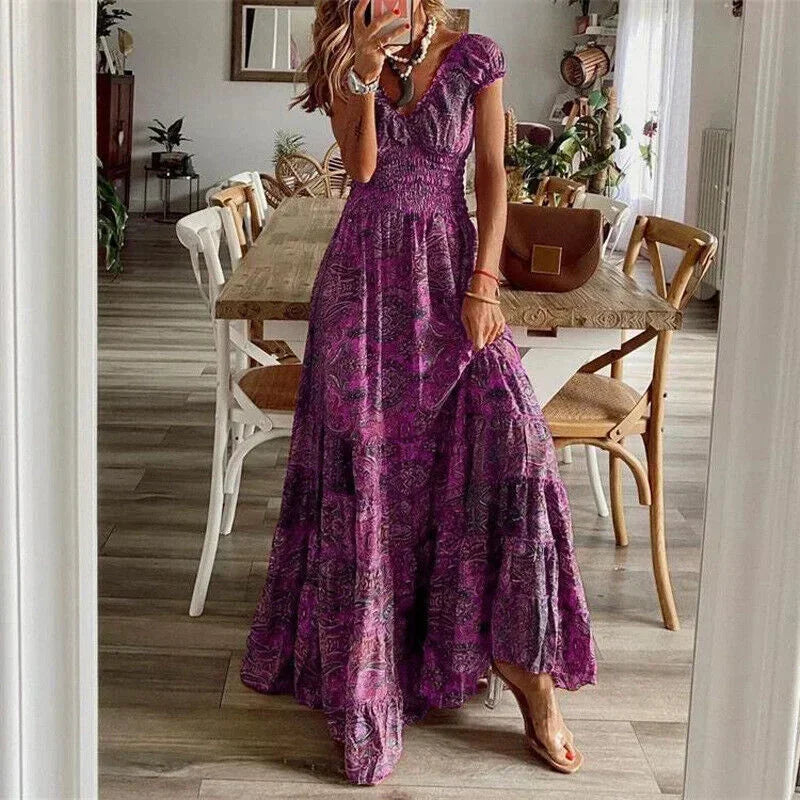 Printed V-Neck Tiered Maxi Dress