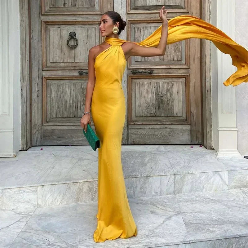 High Neck Open Back Maxi Evening Dress