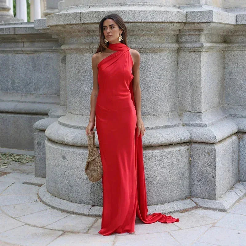 High Neck Open Back Maxi Evening Dress
