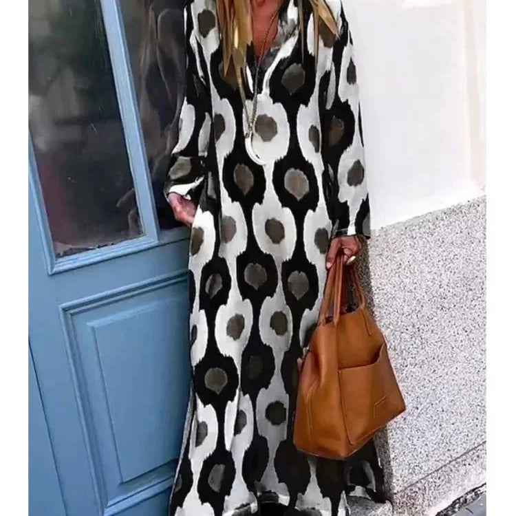 Geometric Print Long Sleeve Maxi Dress