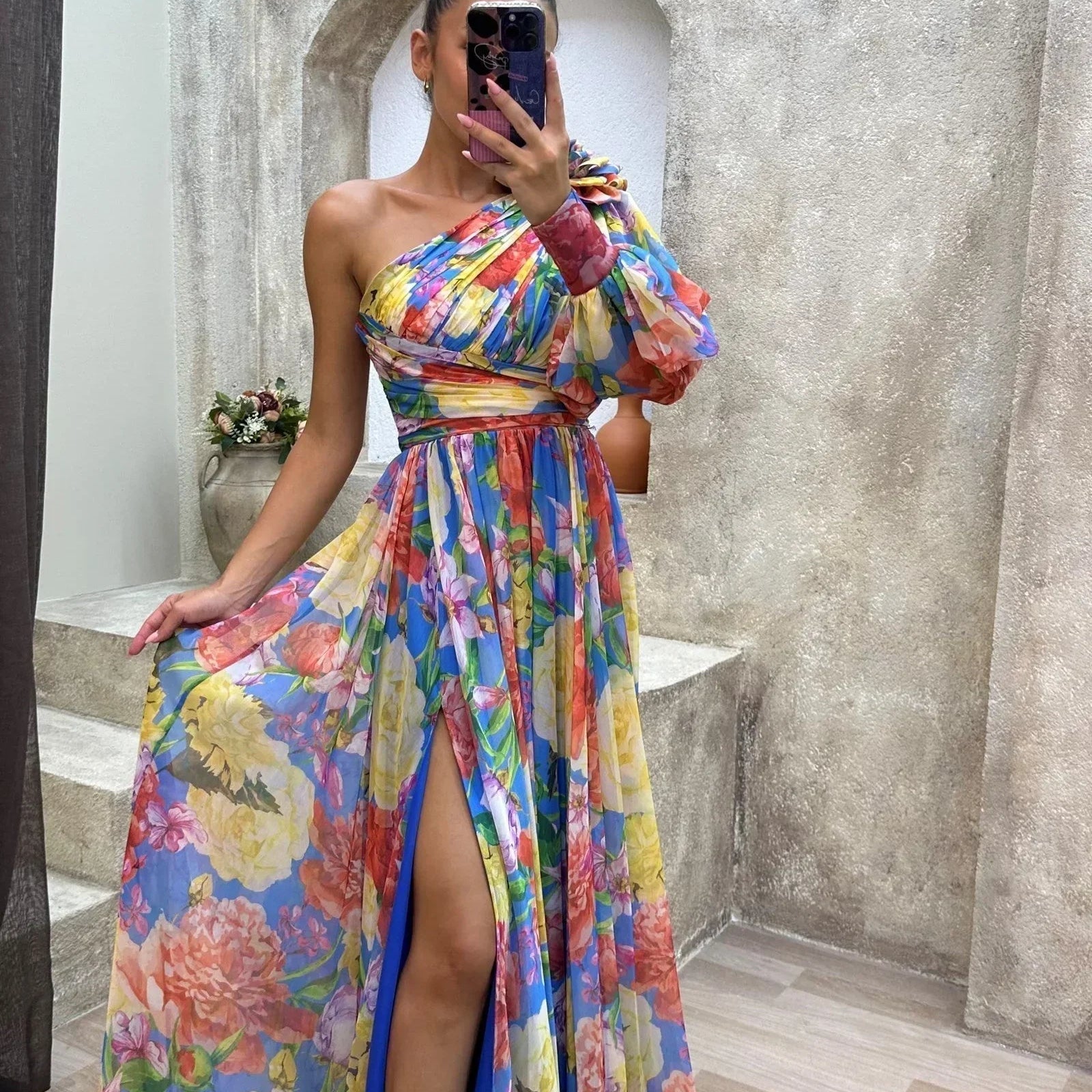One Shoulder Floral Maxi Dress