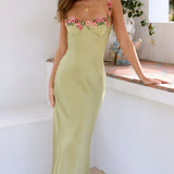 Floral Trim Satin Maxi Dress