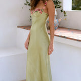 Floral Trim Satin Maxi Dress