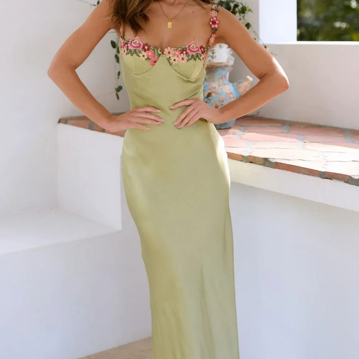 Floral Trim Satin Maxi Dress