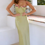 Floral Trim Satin Maxi Dress