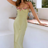 Floral Trim Satin Maxi Dress