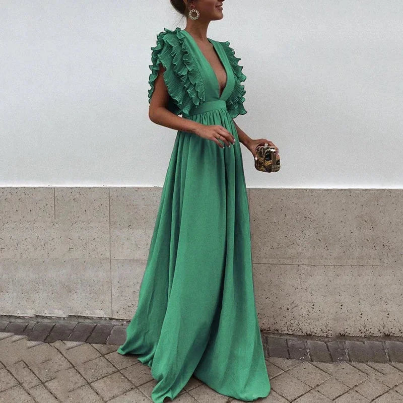 Ruffle Sleeve V-Neck Maxi Dress