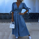 Belted V-Neck Maxi Shirt Dress