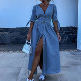 Belted V-Neck Maxi Shirt Dress