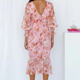 Floral V-Neck Bodycon Midi Dress