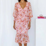 Floral V-Neck Bodycon Midi Dress