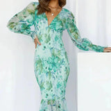 Floral V-Neck Bodycon Midi Dress