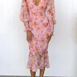 Floral V-Neck Bodycon Midi Dress