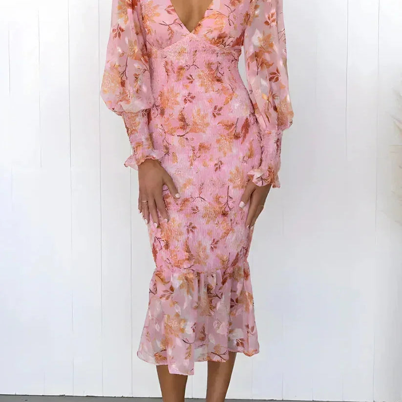 Floral V-Neck Bodycon Midi Dress