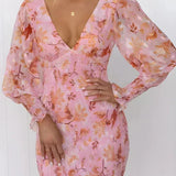 Floral V-Neck Bodycon Midi Dress