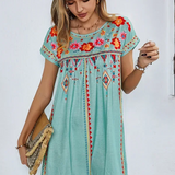Embroidered Short Sleeve Shift Mini Dress