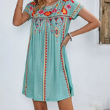 Embroidered Short Sleeve Shift Mini Dress