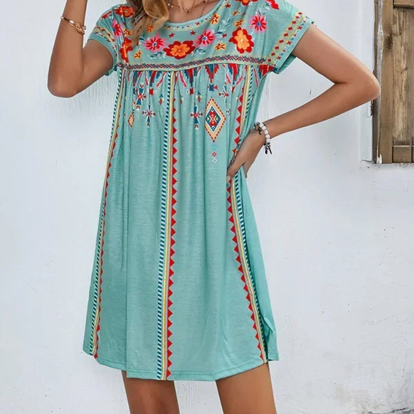 Embroidered Short Sleeve Shift Mini Dress