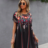 Embroidered Short Sleeve Shift Mini Dress