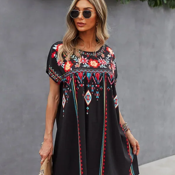 Embroidered Short Sleeve Shift Mini Dress