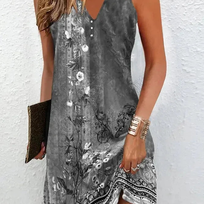 Printed Sleeveless V-Neck Mini Dress