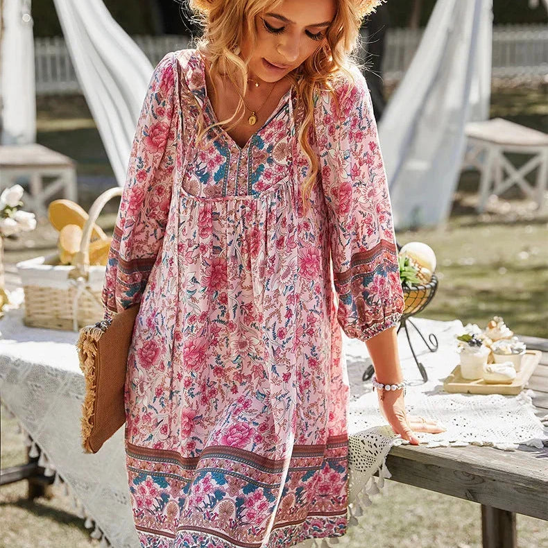 Printed V-Neck Tunic Mini Dress