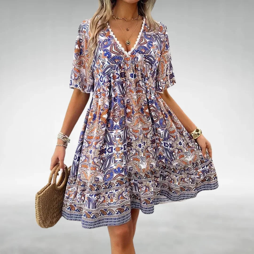 Printed V-Neck Tiered Mini Dress