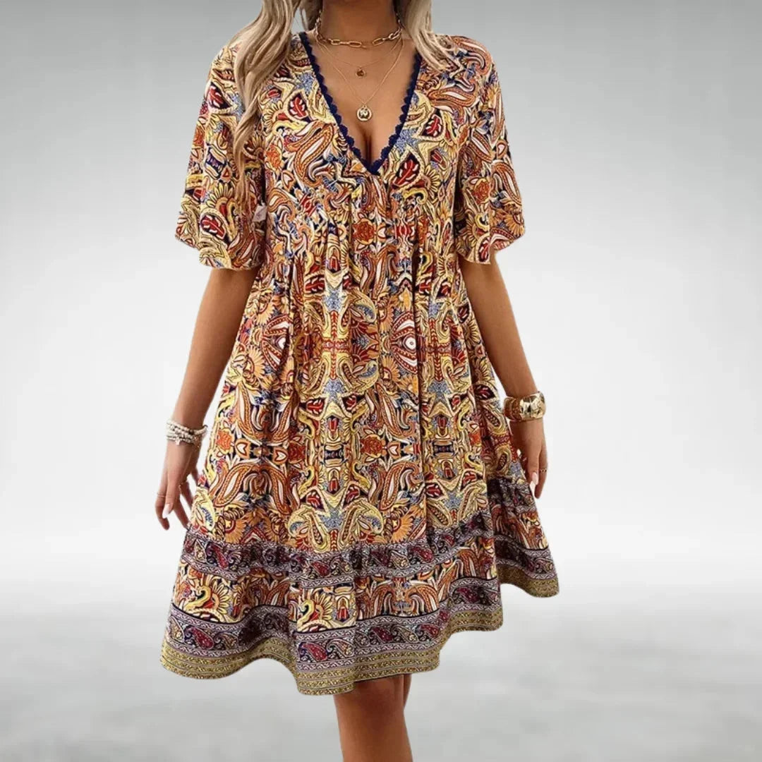 Printed V-Neck Tiered Mini Dress
