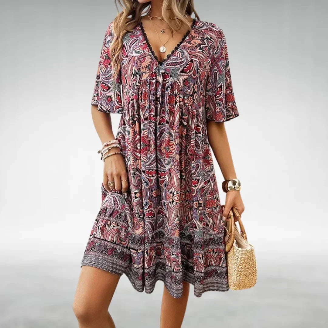 Printed V-Neck Tiered Mini Dress