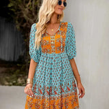 Printed V-Neck Ruffle Mini Dress