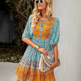 Printed V-Neck Ruffle Mini Dress
