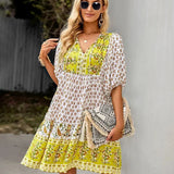 Printed V-Neck Ruffle Mini Dress