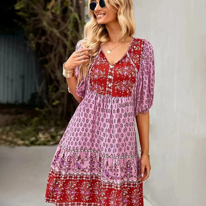 Printed V-Neck Ruffle Mini Dress