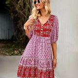 Printed V-Neck Ruffle Mini Dress