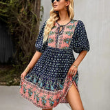 Printed V-Neck Ruffle Mini Dress